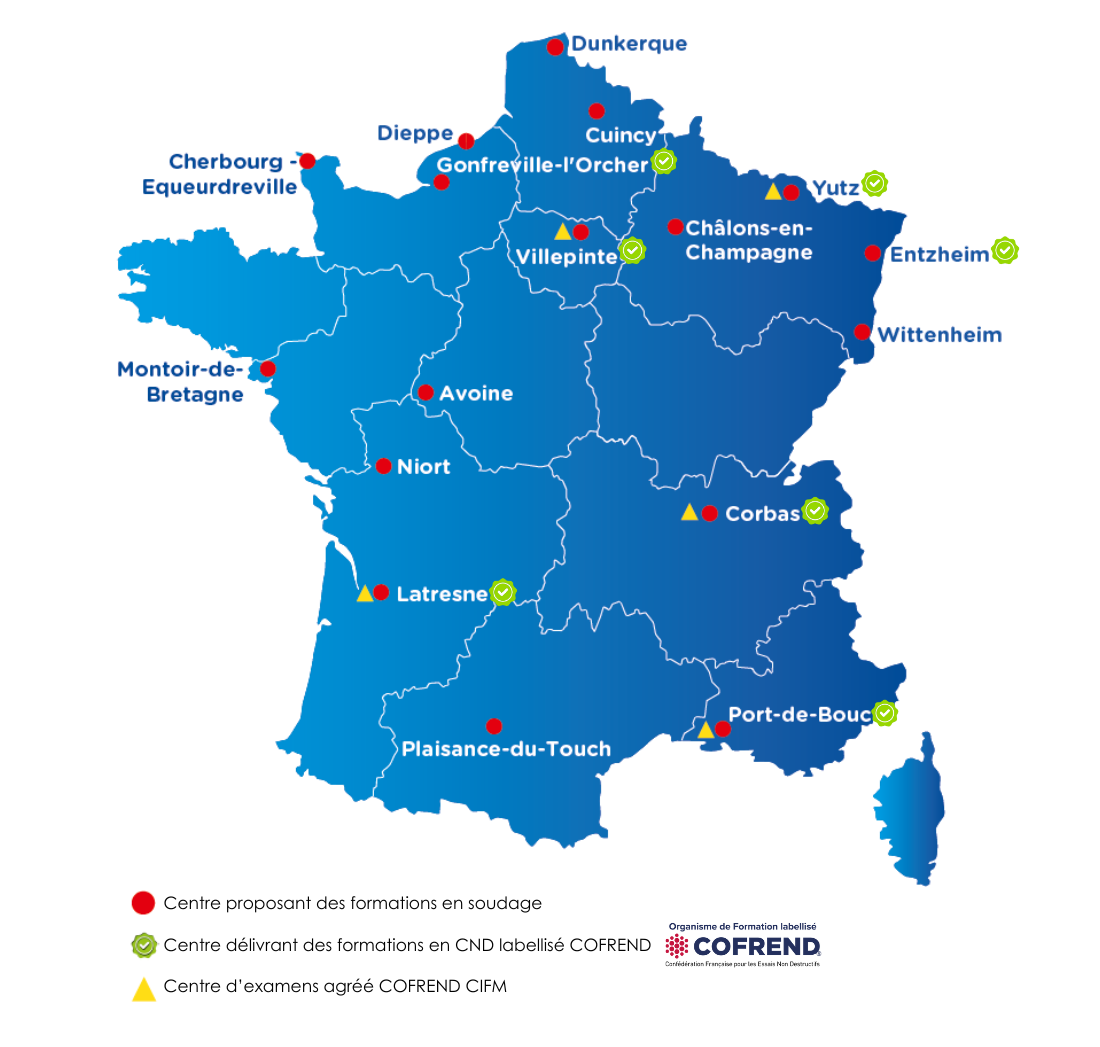 carte des 17 centres de formation avec les 7 labellisés COFREND