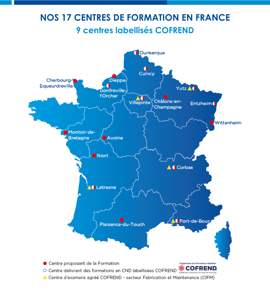 carte des 17 centres de formation avec les 9 centres labellisés COFREND_avril 2026-1
