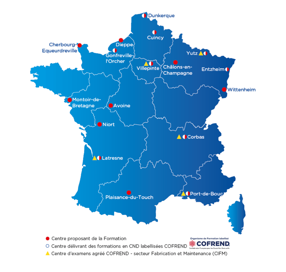 carte des 17 centres de formation avec les 9 centres labellisés COFREND_avril 2026-2