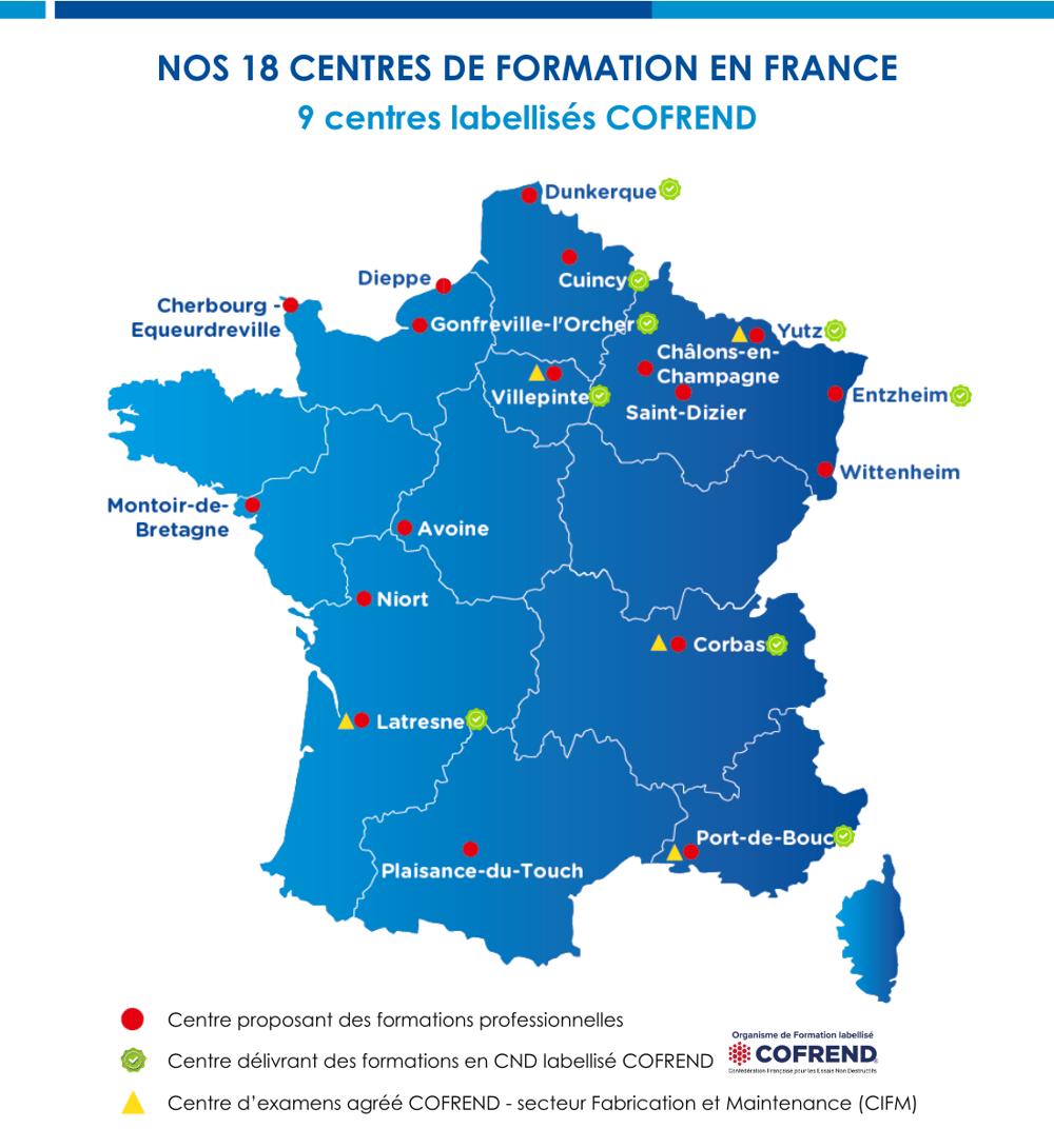 carte des 18 centres de formation avec les 9 centres labellisés COFREND_août 2025_v1