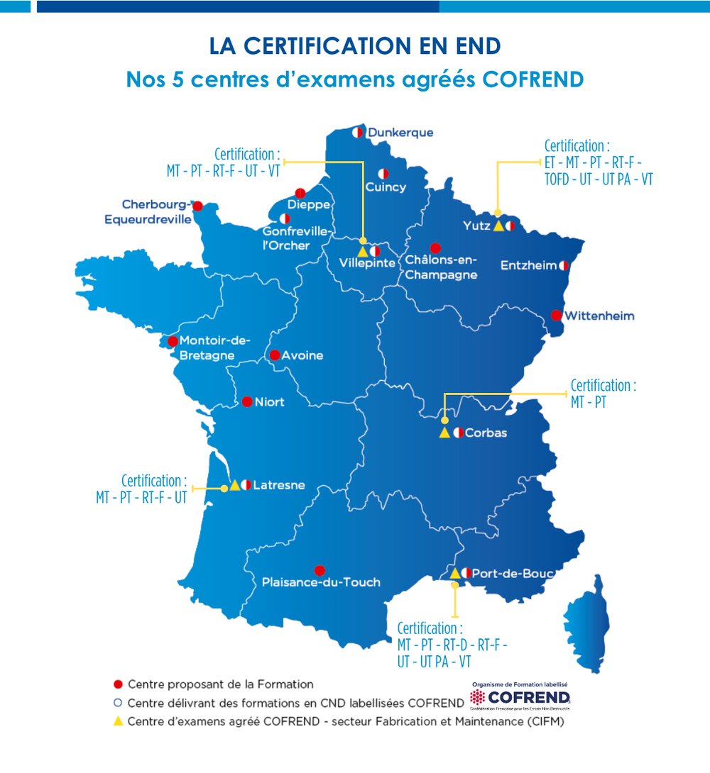 carte des 5 centres dexamens agréés COFREND avec les 17 centres de formation_avril 2026 v2