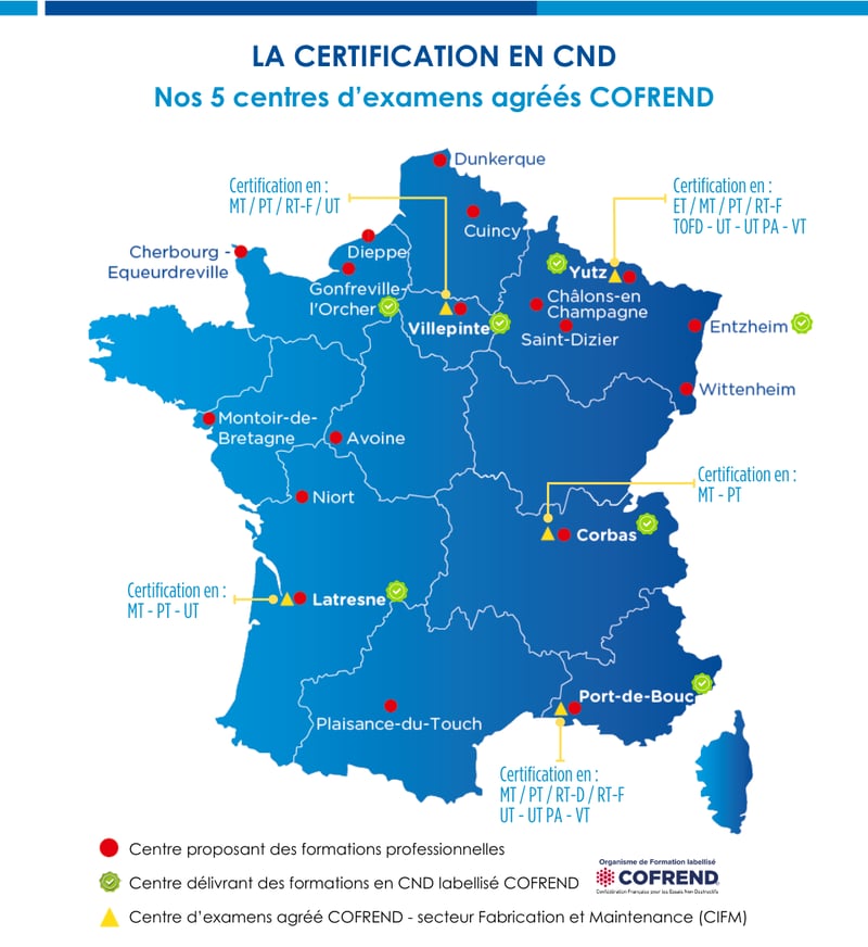carte des 5 centres dexamens agréés COFREND avec les 18 centres de formation_février 2026